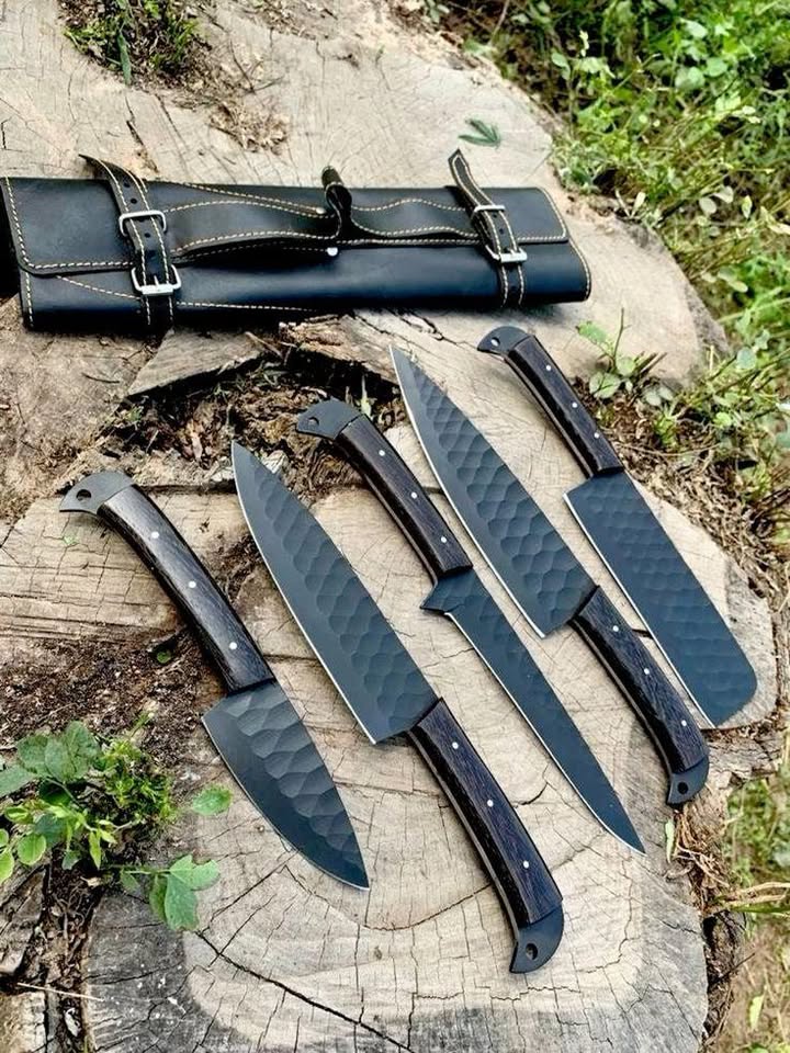 5‑Piece Matte Black High Carbon Steel BBQ Knife Set with Rosewood Handle