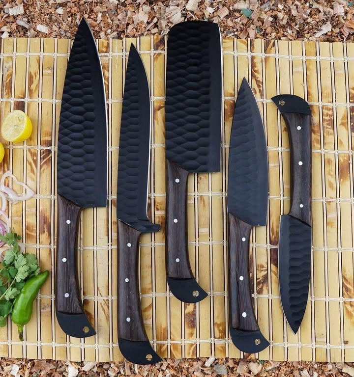 5‑Piece Matte Black High Carbon Steel BBQ Knife Set with Rosewood Handle