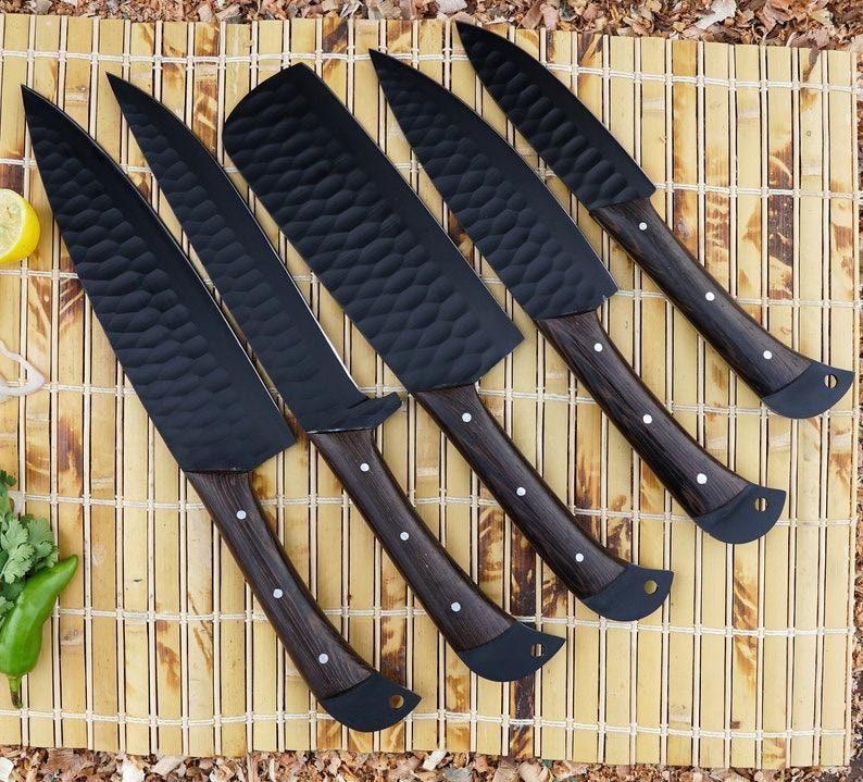 5‑Piece Matte Black High Carbon Steel BBQ Knife Set with Rosewood Handle