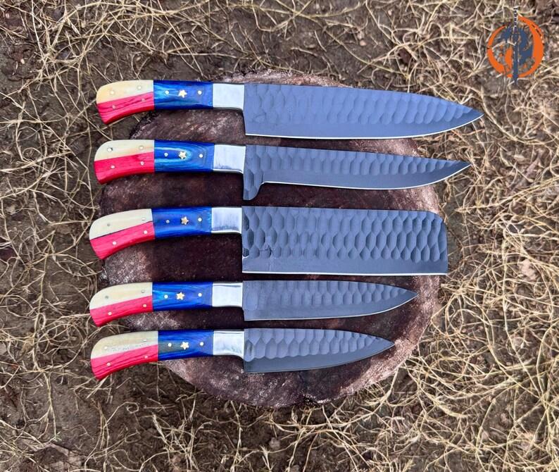 Forged High‑Carbon Steel 5‑Piece Knife Set with Rosewood Handles + Leather Roll