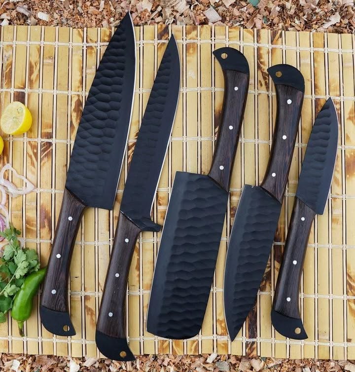 5‑Piece Matte Black High Carbon Steel BBQ Knife Set with Rosewood Handle