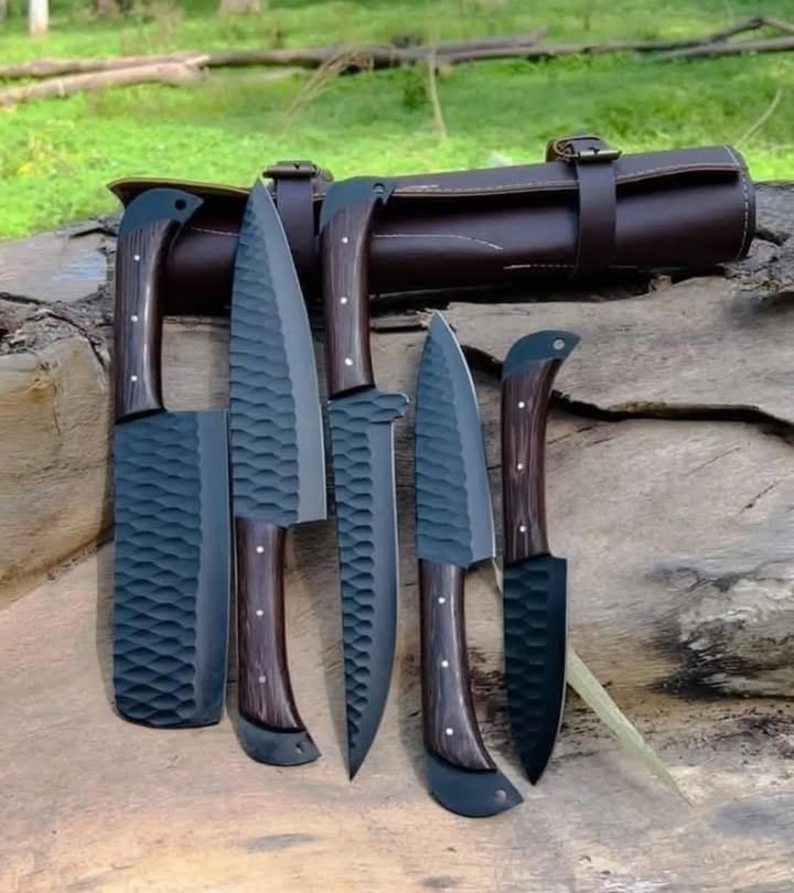 5‑Piece Matte Black High Carbon Steel BBQ Knife Set with Rosewood Handle