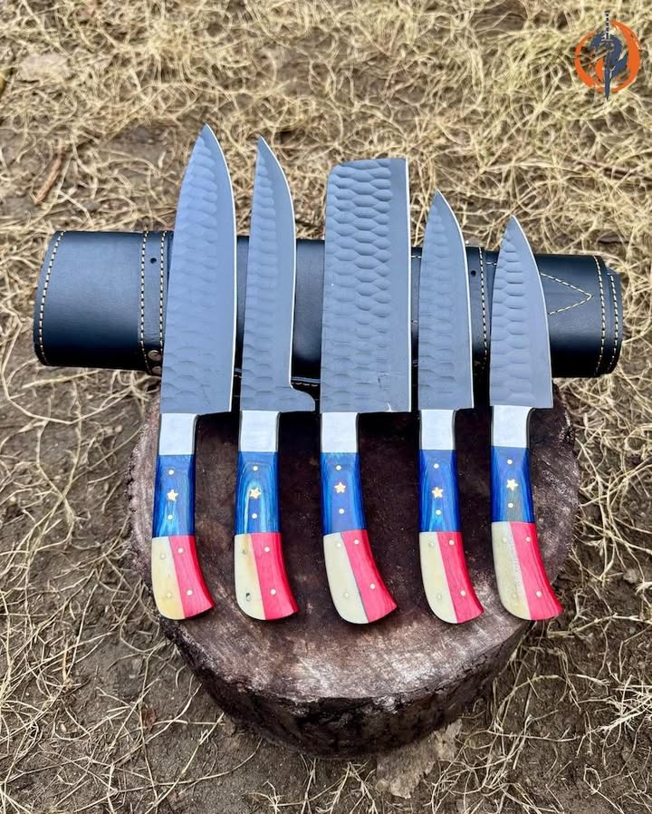 Forged High‑Carbon Steel 5‑Piece Knife Set with Rosewood Handles + Leather Roll