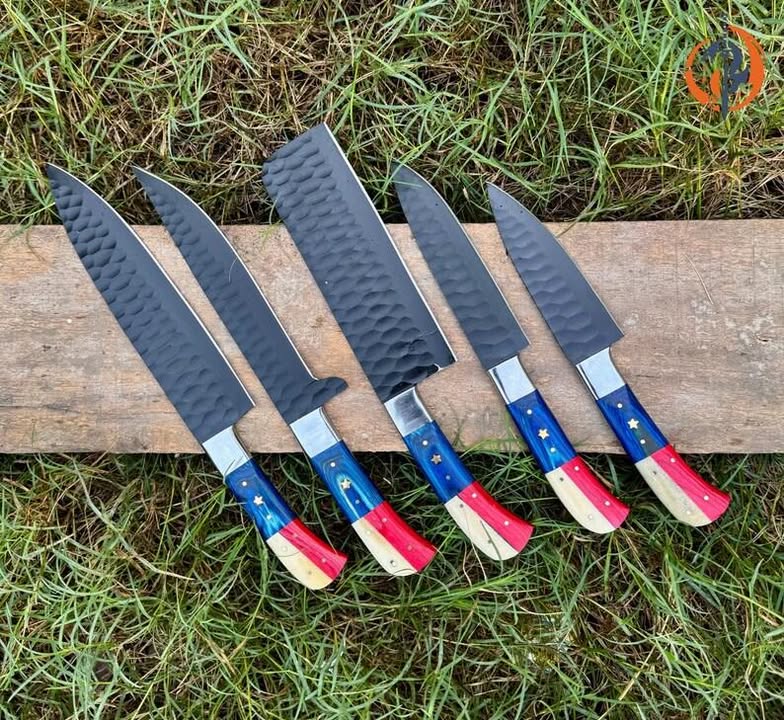 Forged High‑Carbon Steel 5‑Piece Knife Set with Rosewood Handles + Leather Roll