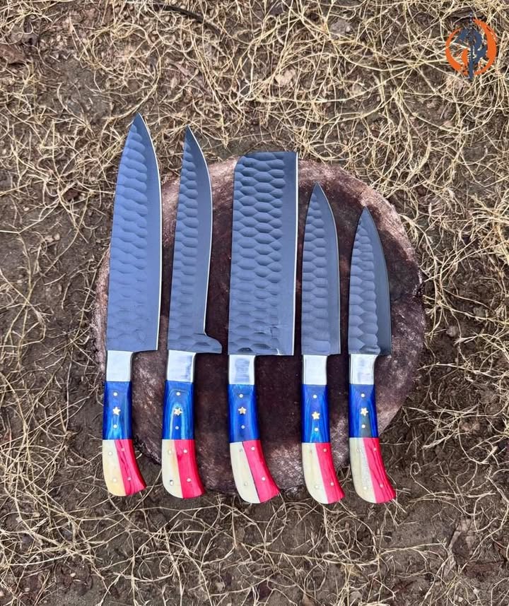 Forged High‑Carbon Steel 5‑Piece Knife Set with Rosewood Handles + Leather Roll