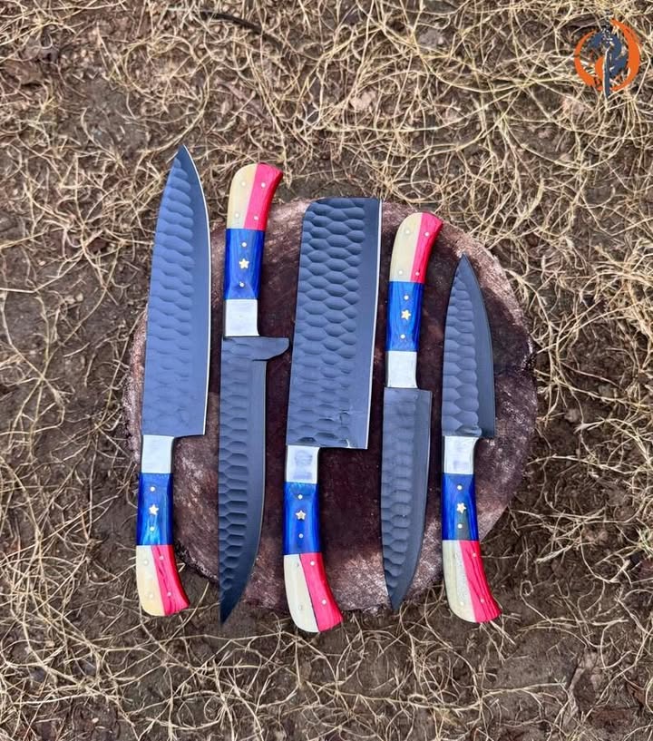 Forged High‑Carbon Steel 5‑Piece Knife Set with Rosewood Handles + Leather Roll