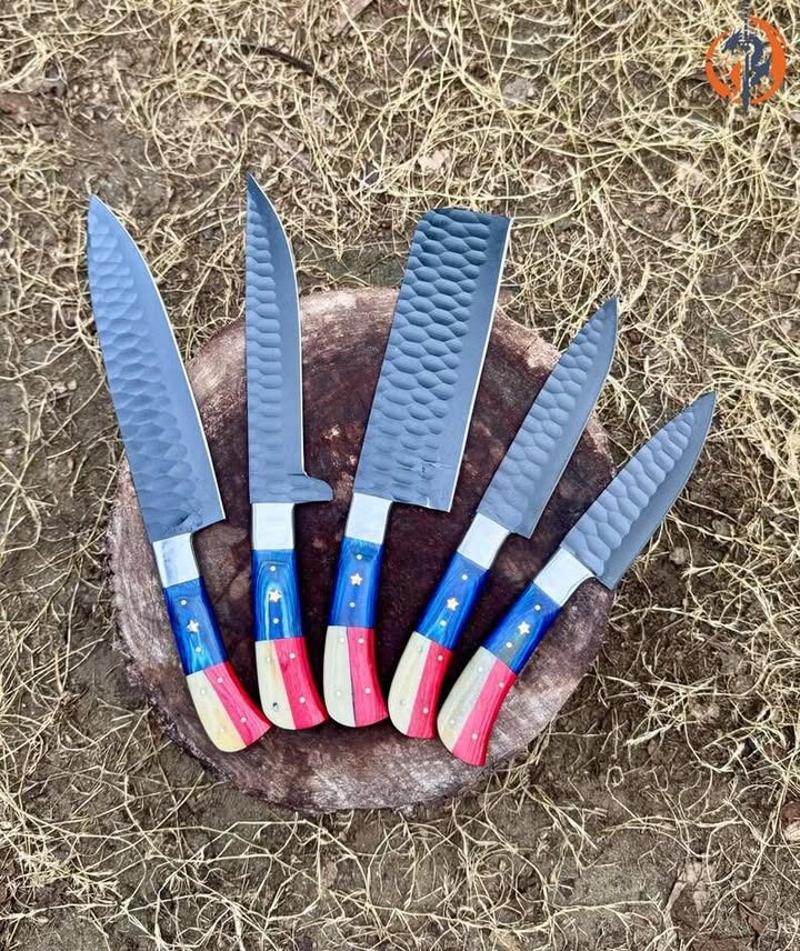 Forged High‑Carbon Steel 5‑Piece Knife Set with Rosewood Handles + Leather Roll