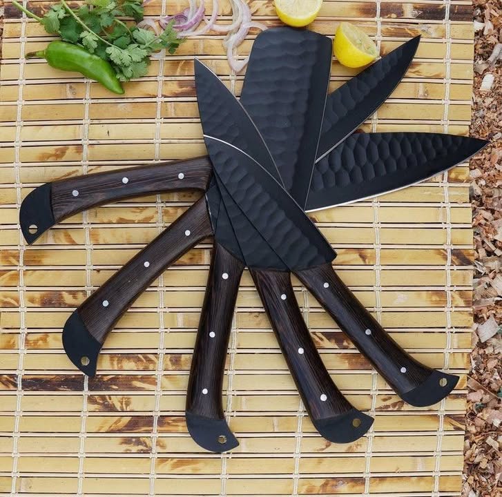5‑Piece Matte Black High Carbon Steel BBQ Knife Set with Rosewood Handle