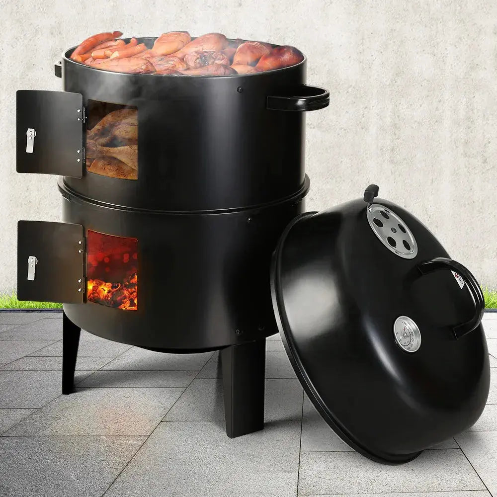 Grillz 3-in-1 Charcoal BBQ Smoker – Grill, Smoker & Roaster, Heavy-Duty Steel, 38cm, Black - BBQ Backyard Supply Co
