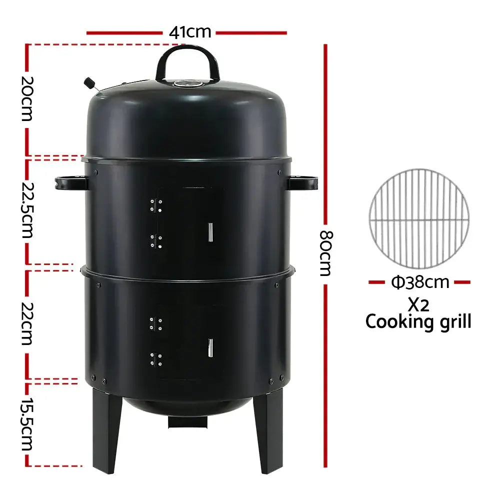 Grillz 3-in-1 Charcoal BBQ Smoker – Grill, Smoker & Roaster, Heavy-Duty Steel, 38cm, Black - BBQ Backyard Supply Co