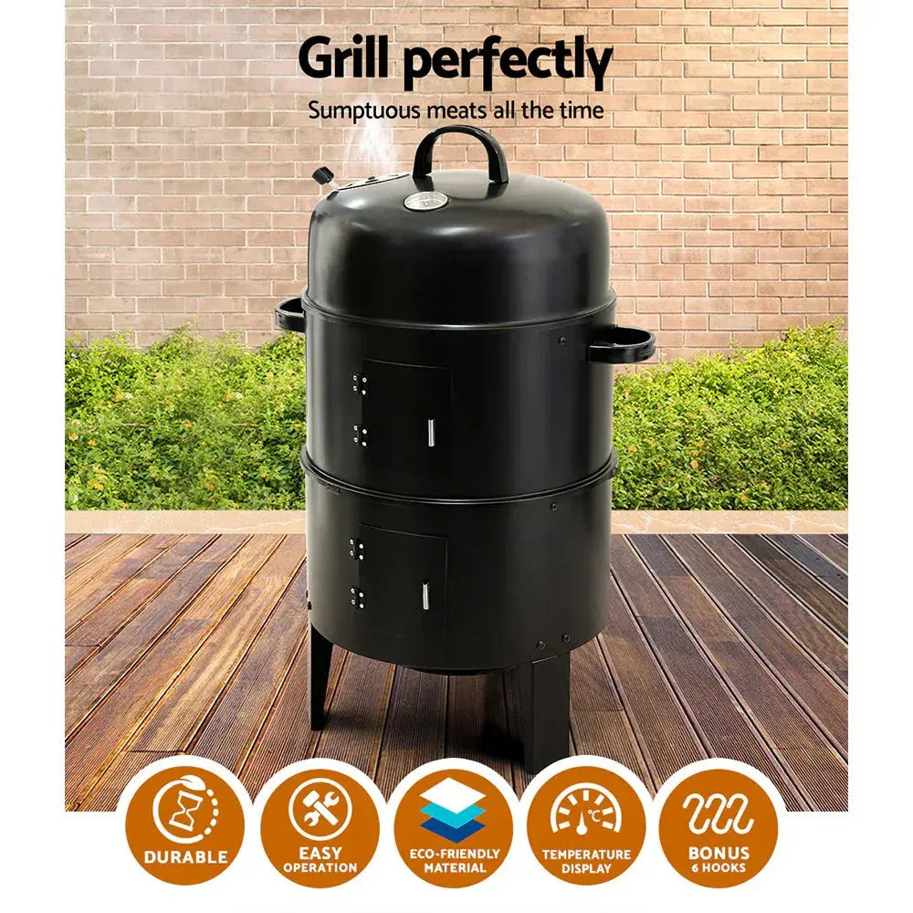 Grillz 3-in-1 Charcoal BBQ Smoker – Grill, Smoker & Roaster, Heavy-Duty Steel, 38cm, Black - BBQ Backyard Supply Co
