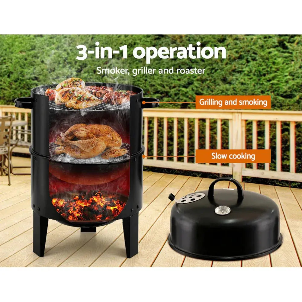 Grillz 3-in-1 Charcoal BBQ Smoker – Grill, Smoker & Roaster, Heavy-Duty Steel, 38cm, Black - BBQ Backyard Supply Co
