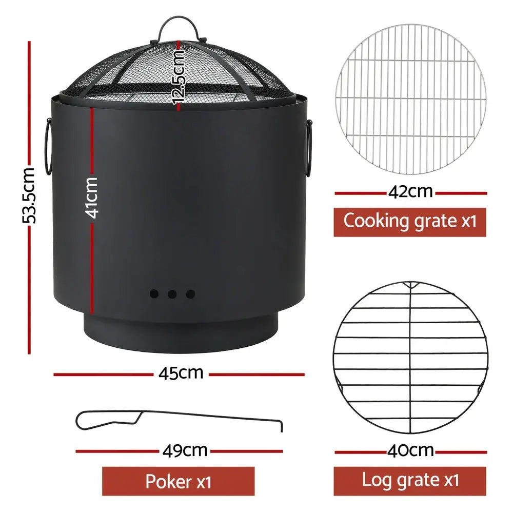 Grillz Portable Fire Pit BBQ – Deep Bowl Outdoor Fireplace, 45cm Grill, Spark-Proof Mesh Lid - BBQ Backyard Supply Co