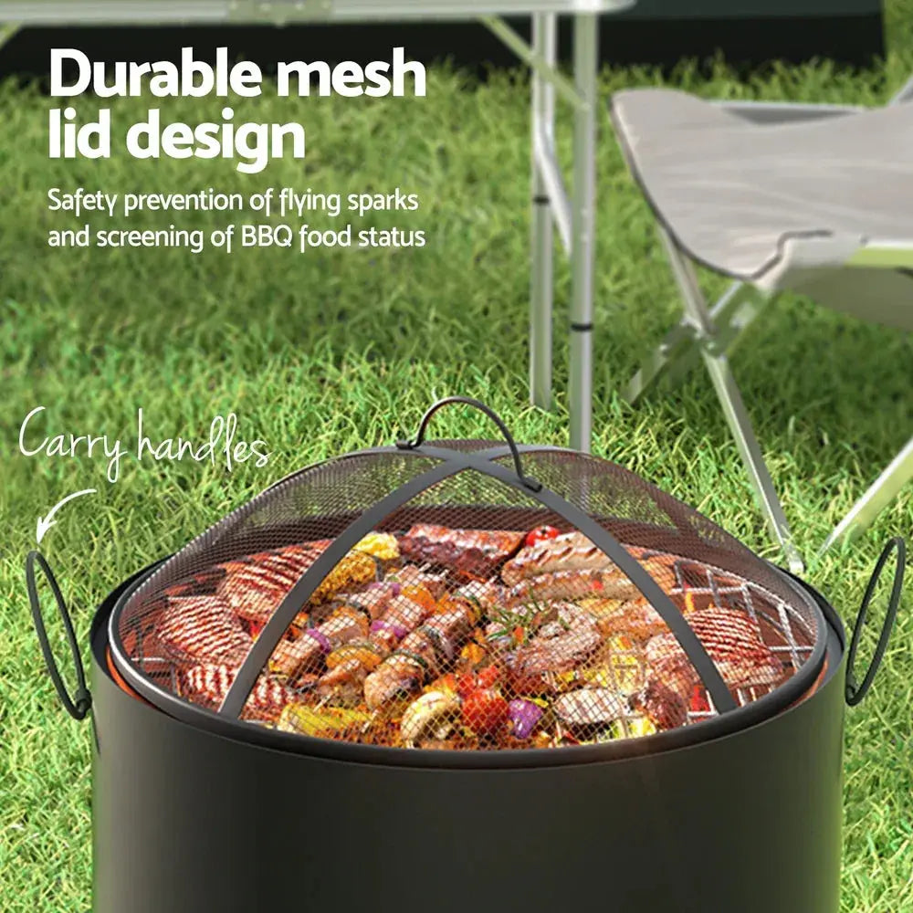 Grillz Portable Fire Pit BBQ – Deep Bowl Outdoor Fireplace, 45cm Grill, Spark-Proof Mesh Lid - BBQ Backyard Supply Co