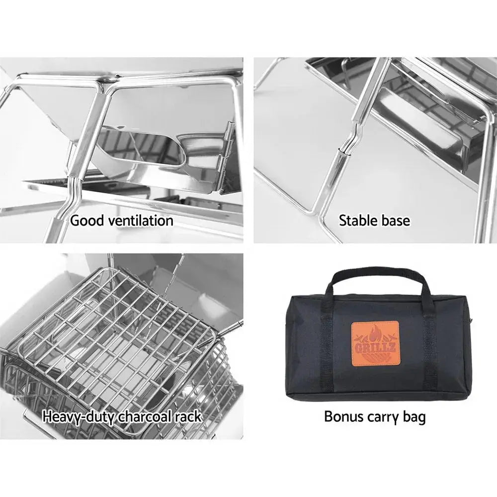 Grillz 2-in-1 Portable Fire Pit BBQ Grill – Stainless Steel, Height-Adjustable Rack, Carry Bag Included - BBQ Backyard Supply Co