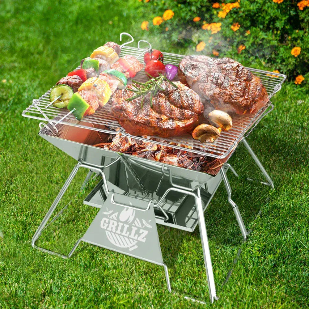 Grillz 2-in-1 Portable Fire Pit BBQ Grill – Stainless Steel, Height-Adjustable Rack, Carry Bag Included - BBQ Backyard Supply Co