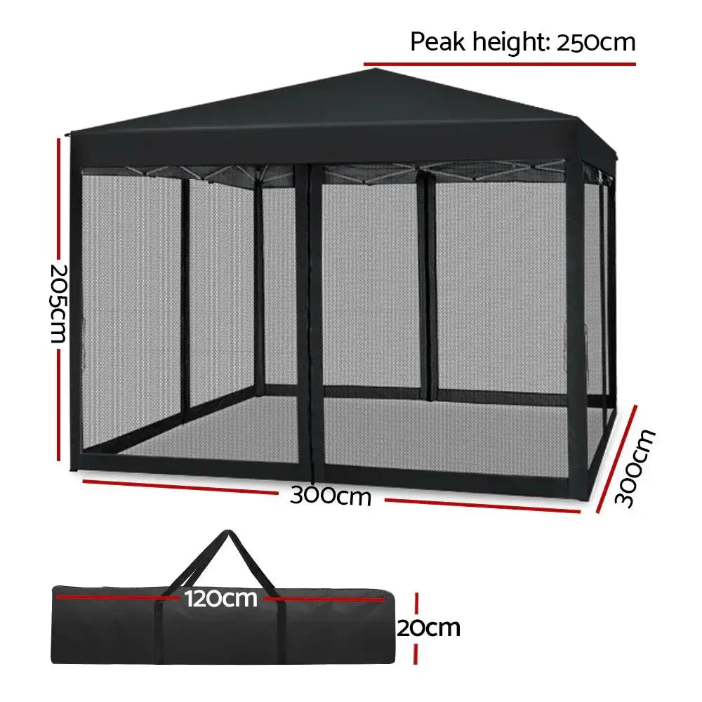 Instahut 3x3m Pop‑Up Gazebo – Black Outdoor Shade with Mesh Walls - BBQ Backyard Supply Co