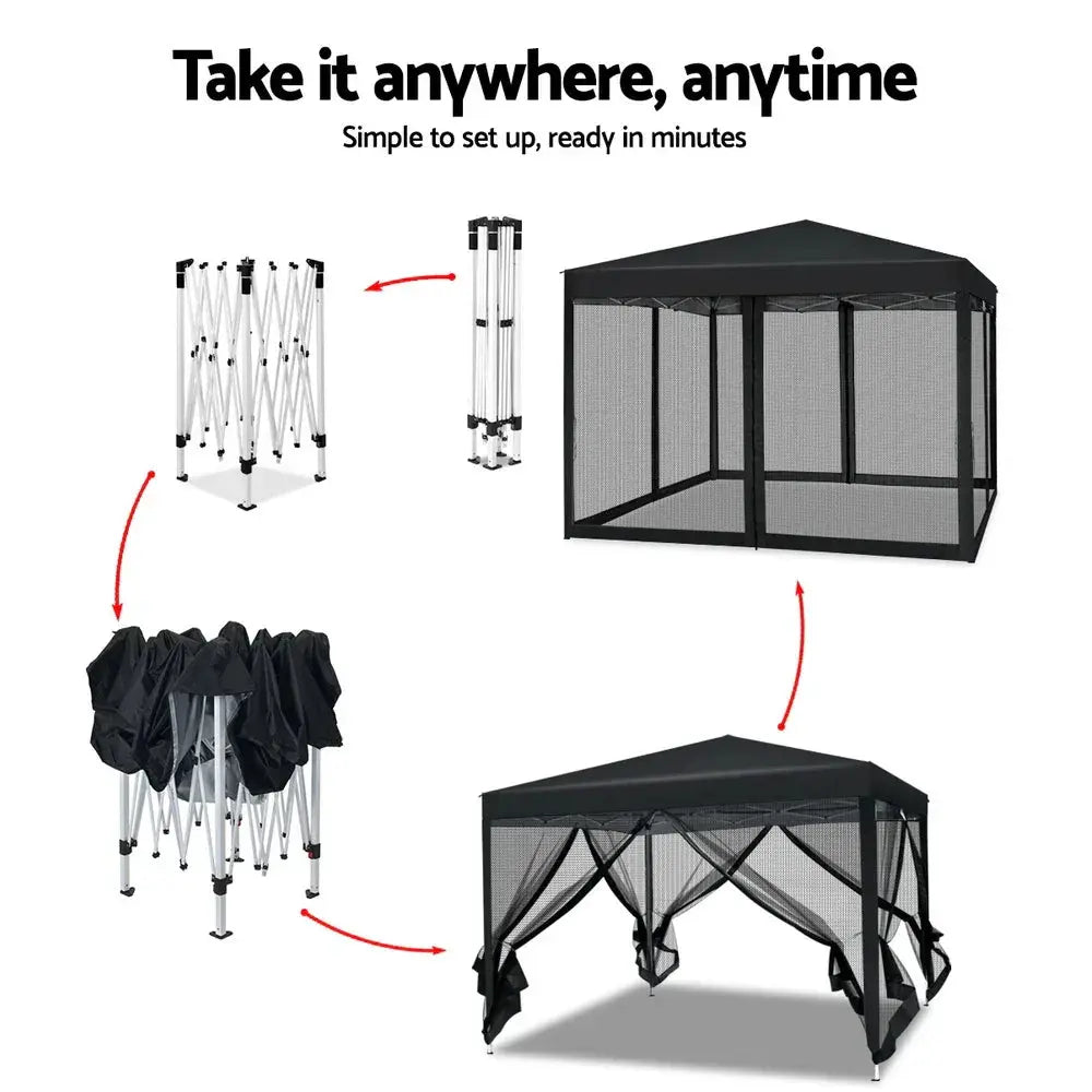 Instahut 3x3m Pop‑Up Gazebo – Black Outdoor Shade with Mesh Walls - BBQ Backyard Supply Co