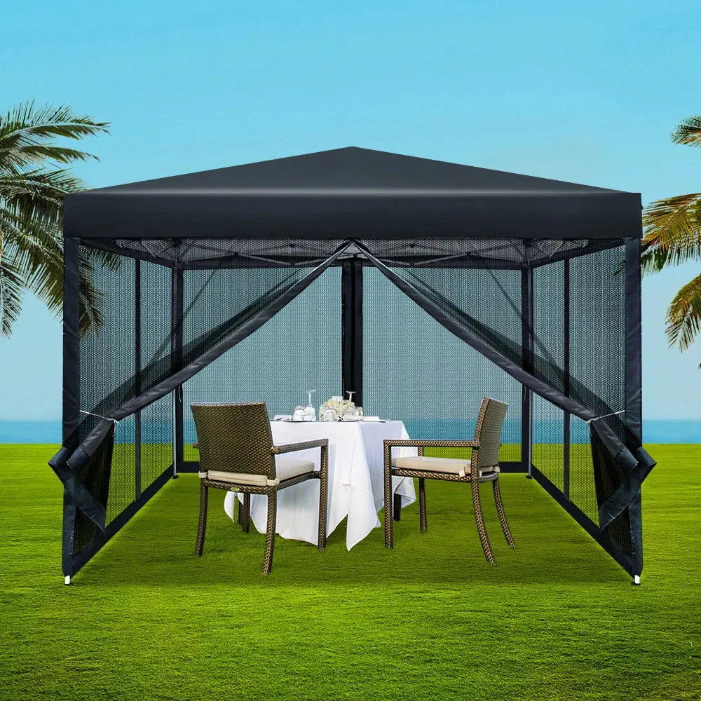 Instahut 3x3m Pop‑Up Gazebo – Black Outdoor Shade with Mesh Walls - BBQ Backyard Supply Co