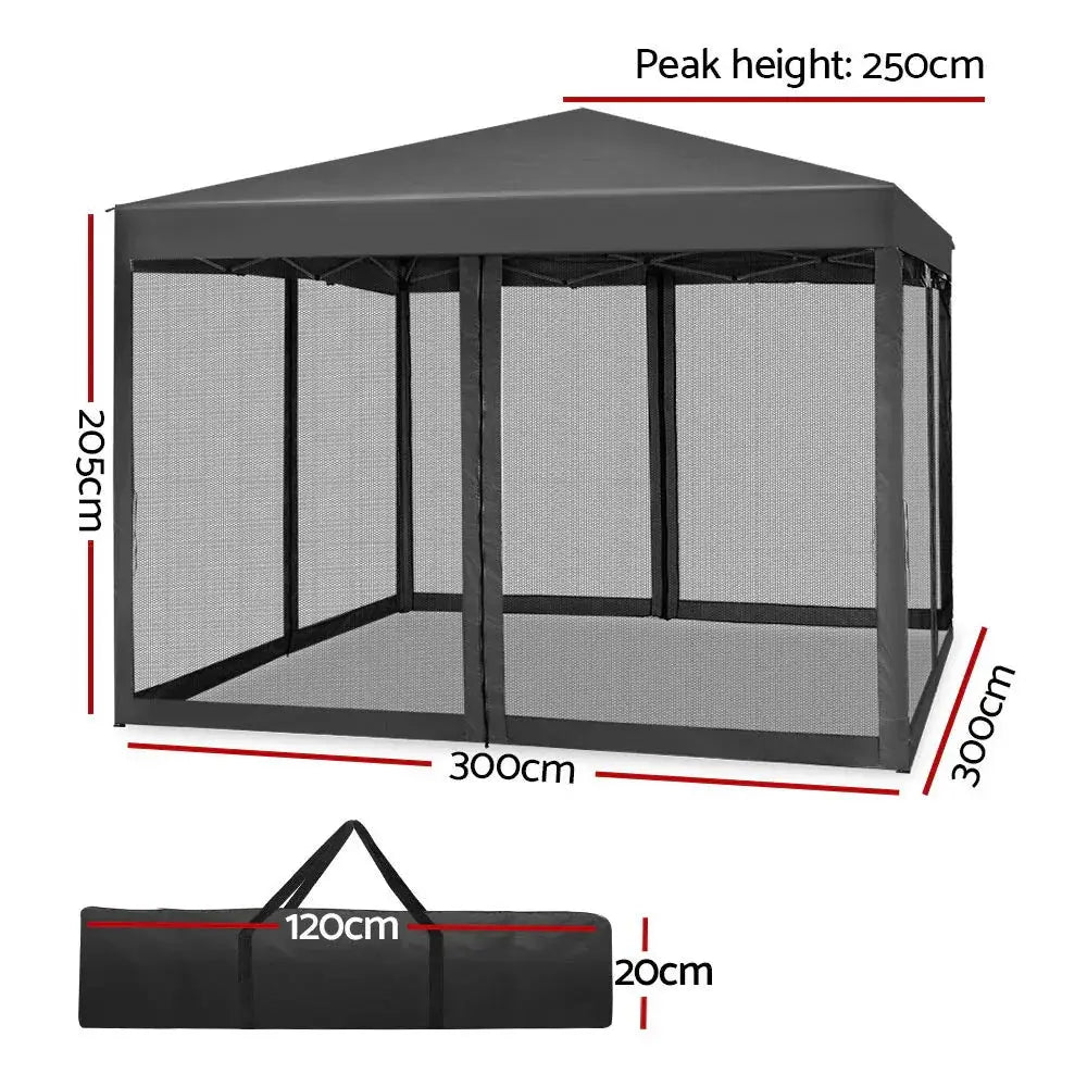 Instahut Gazebo Pop Up Marquee 3x3m – Black Outdoor Shade with Full Mesh Walls - BBQ Backyard Supply Co