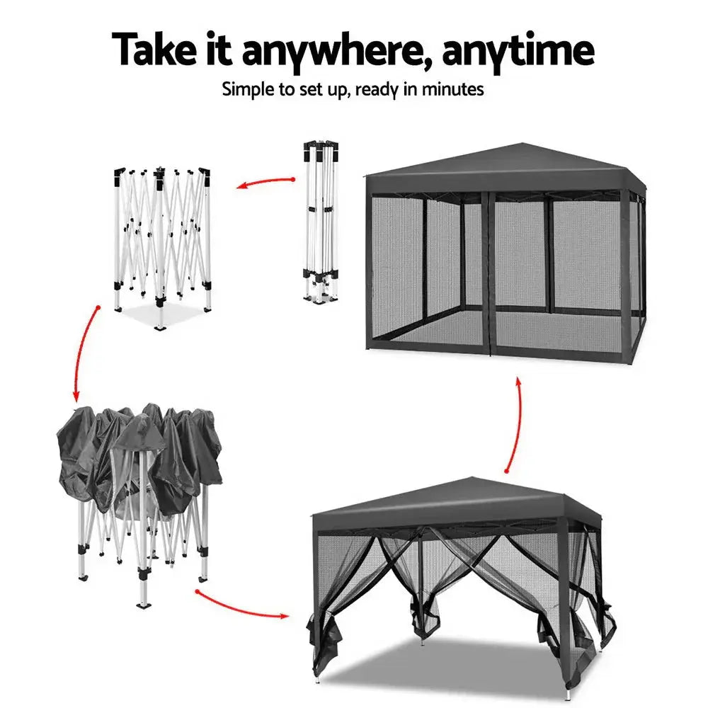 Instahut Gazebo Pop Up Marquee 3x3m – Black Outdoor Shade with Full Mesh Walls - BBQ Backyard Supply Co