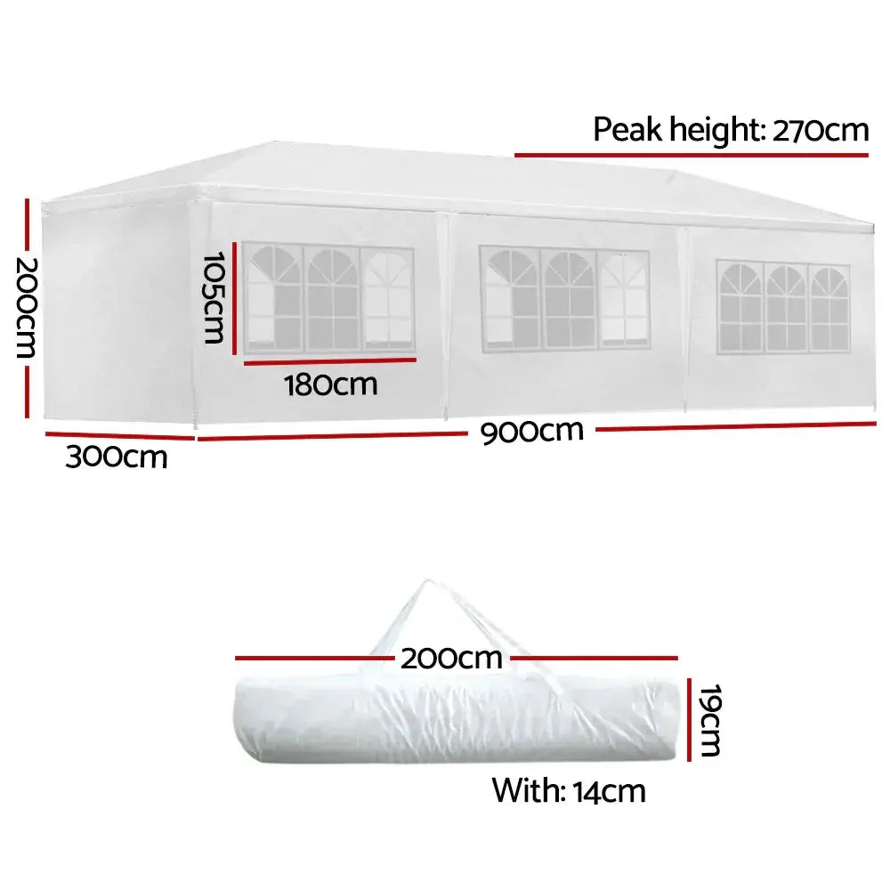 Instahut Gazebo 3x9m Marquee Wedding Party Tent – White Outdoor Canopy with Side Walls - BBQ Backyard Supply Co