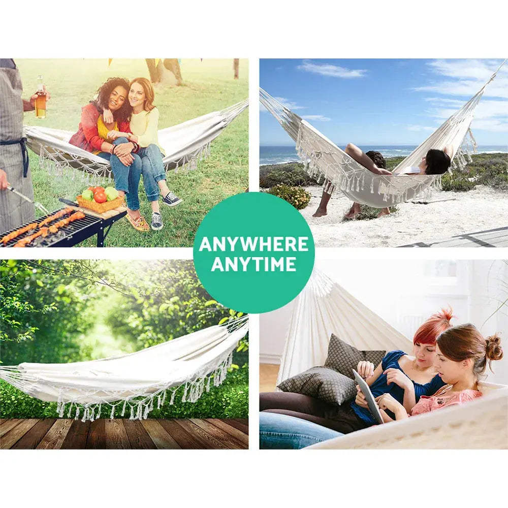 Gardeon Hammock Bed Rope Tassel Cream - BBQ Backyard Supply Co