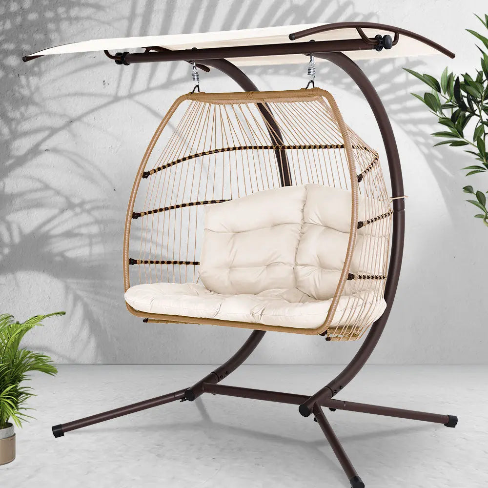 Gardeon Outdoor Egg Swing Chair Wicker Pod Stand Canopy 2‑Seater Latte
