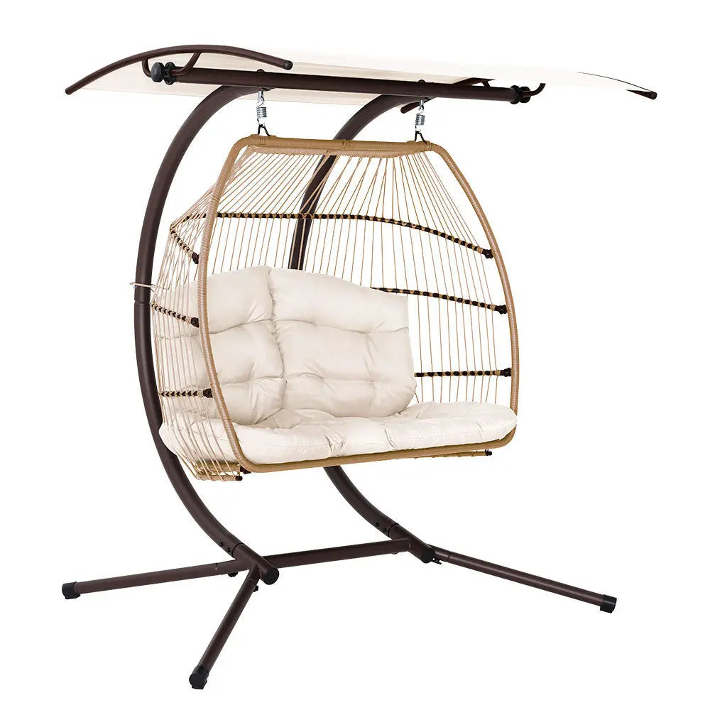 Gardeon Outdoor Egg Swing Chair Wicker Pod Stand Canopy 2‑Seater Latte