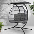 Gardeon Outdoor Egg Swing Chair Wicker Pod Stand Canopy 2‑Seater Grey