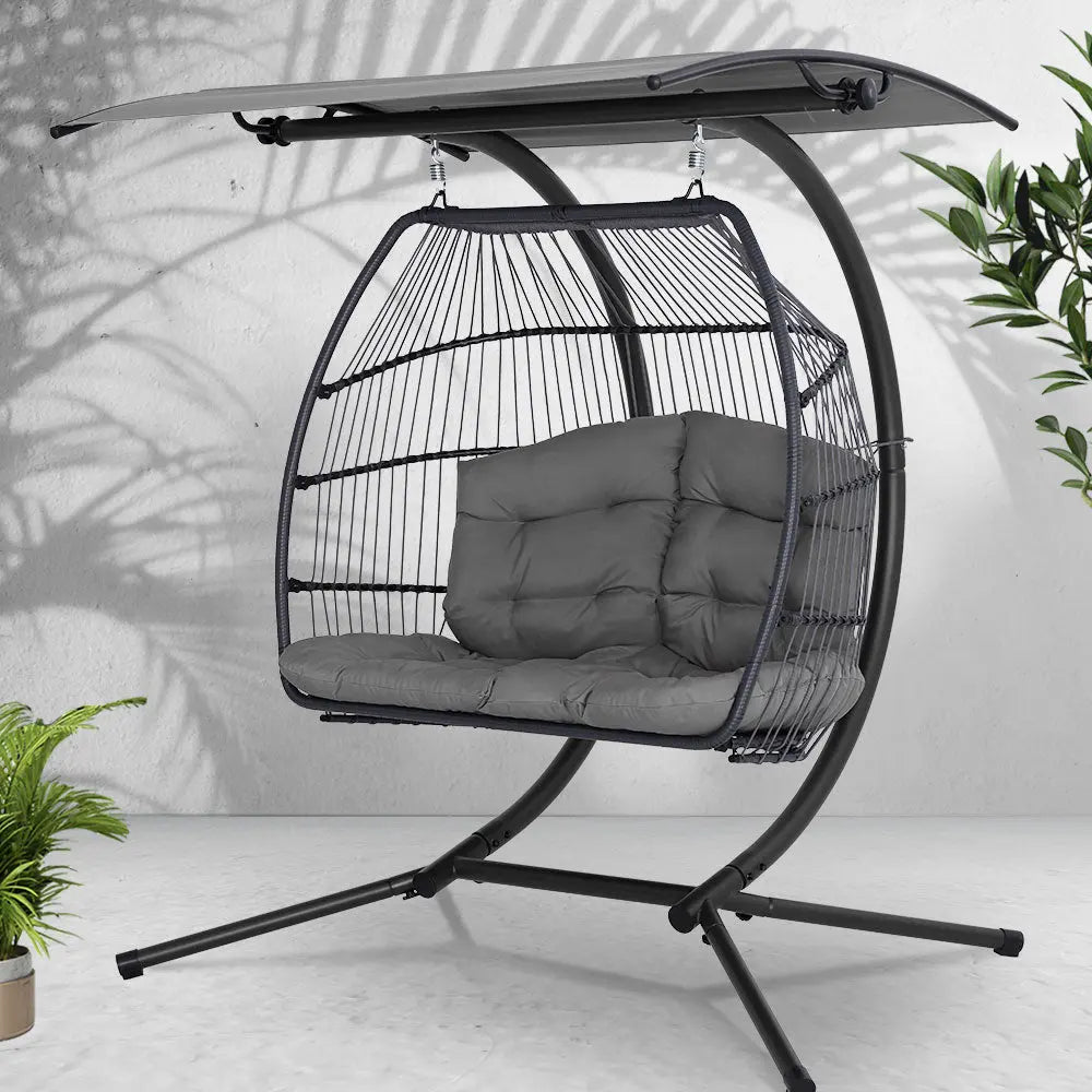 Gardeon Outdoor Egg Swing Chair Wicker Pod Stand Canopy 2‑Seater Grey
