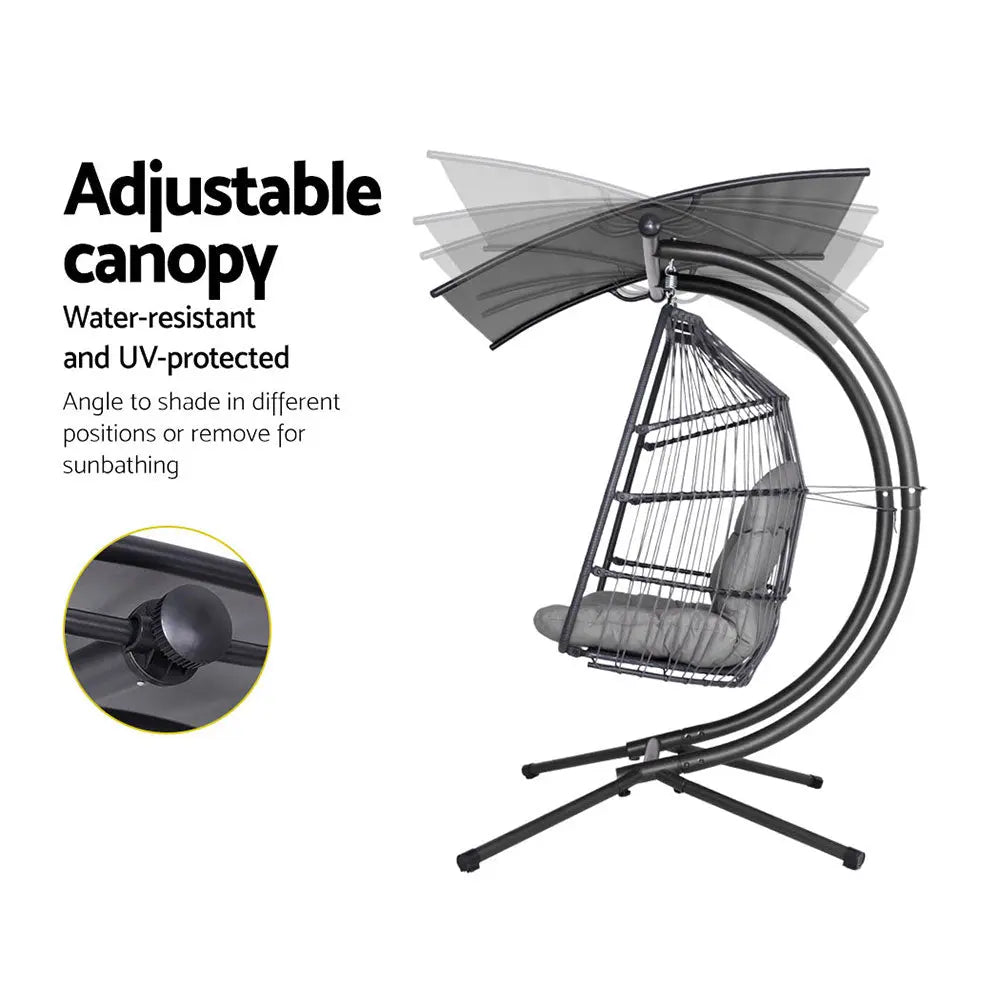 Gardeon Outdoor Egg Swing Chair Wicker Pod Stand Canopy 2‑Seater Grey