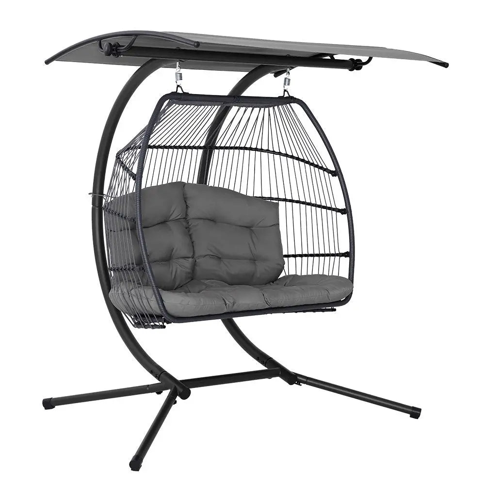 Gardeon Outdoor Egg Swing Chair Wicker Pod Stand Canopy 2‑Seater Grey