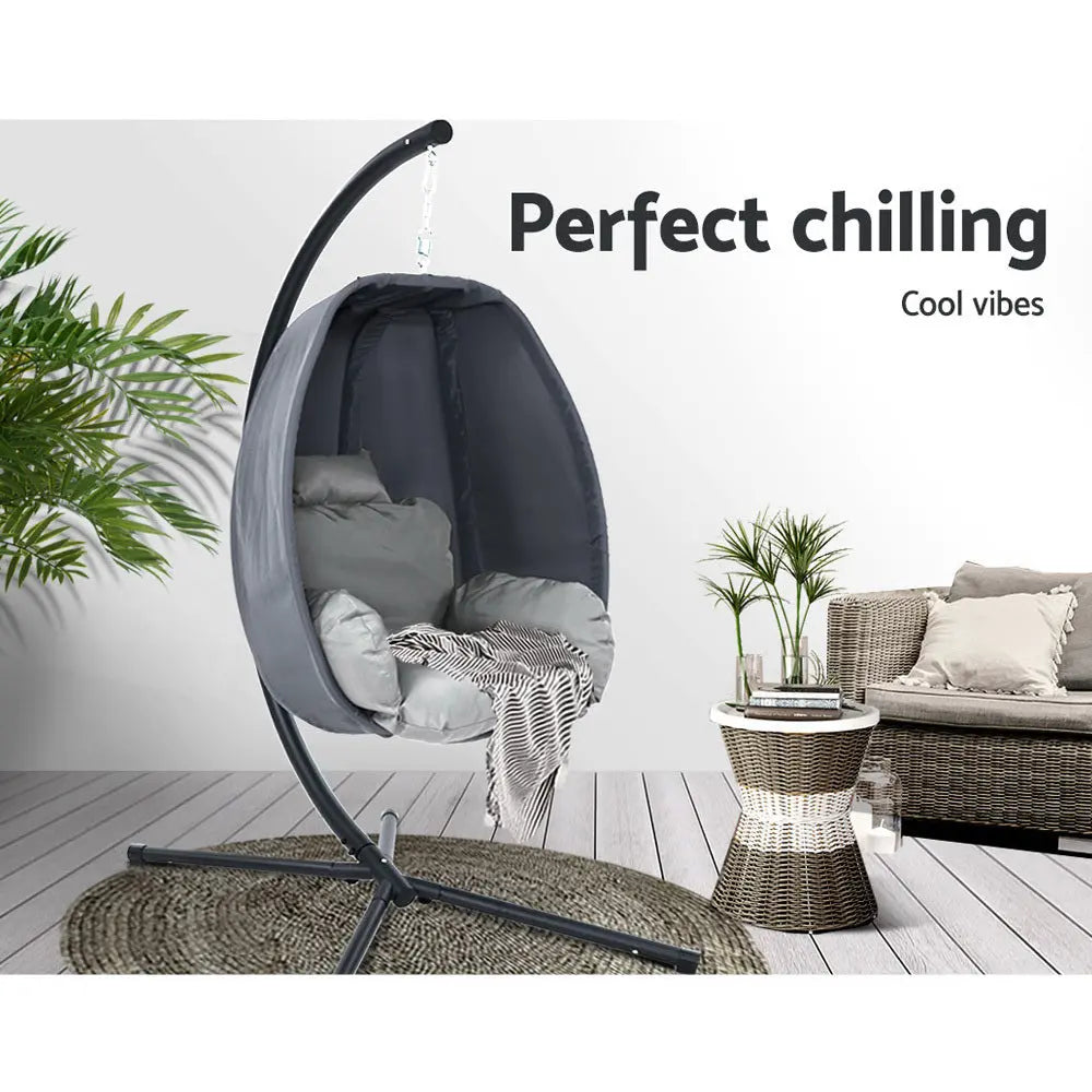 Gardeon Outdoor Egg Swing Chair Patio Pod Stand Canopy Foldable Grey