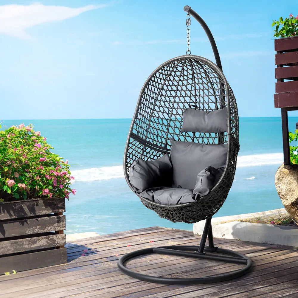 Gardeon Outdoor Egg Swing Chair Wicker Rattan Pod Stand Cushion Black