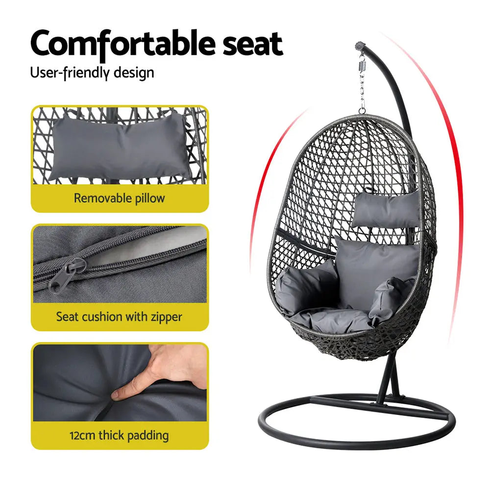 Gardeon Outdoor Egg Swing Chair Wicker Rattan Pod Stand Cushion Black