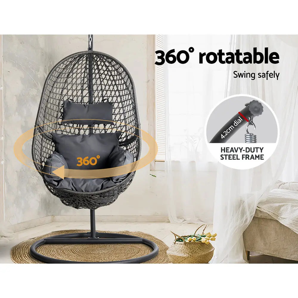 Gardeon Outdoor Egg Swing Chair Wicker Rattan Pod Stand Cushion Black