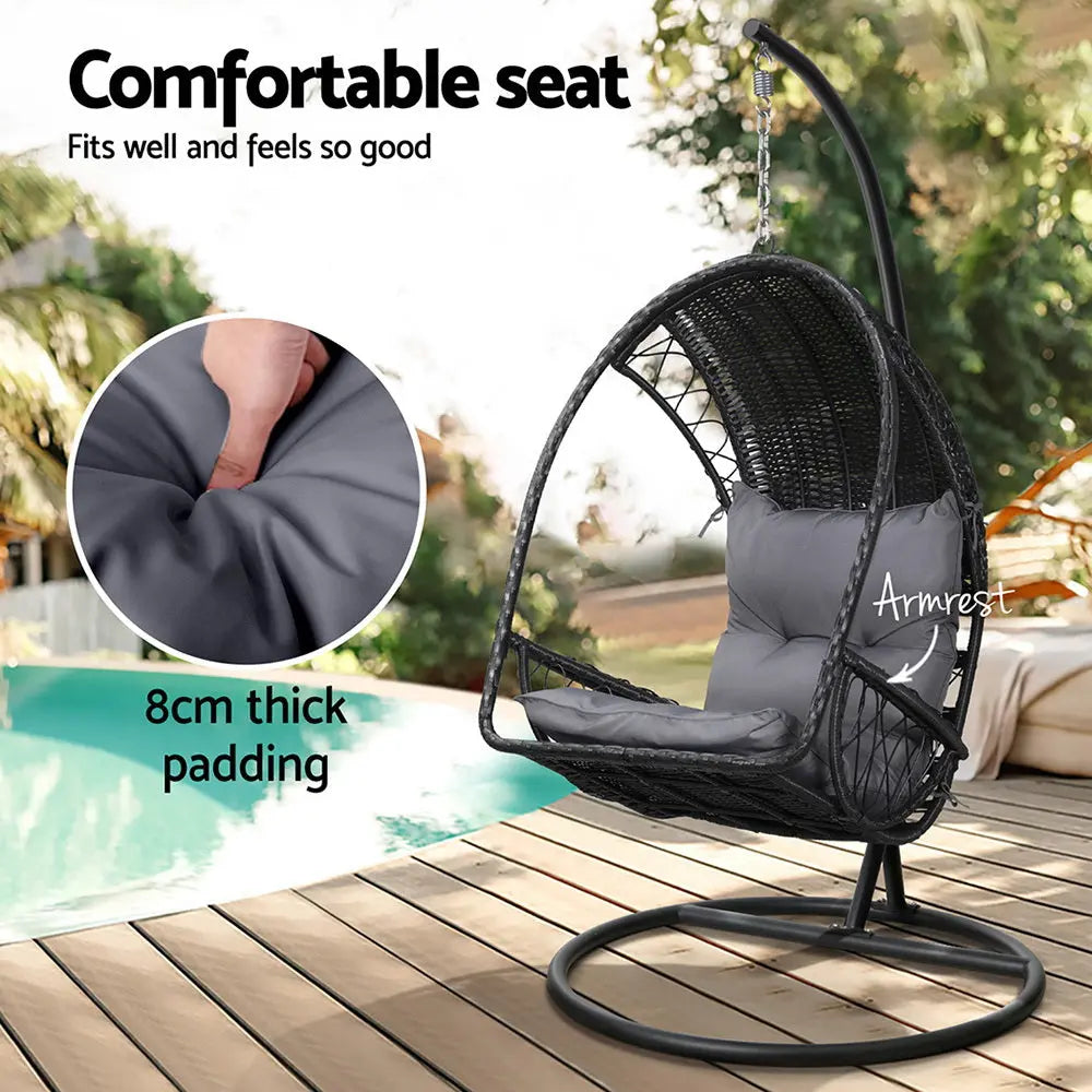 Gardeon Outdoor Egg Swing Chair Wicker Pod Stand Armrest Black