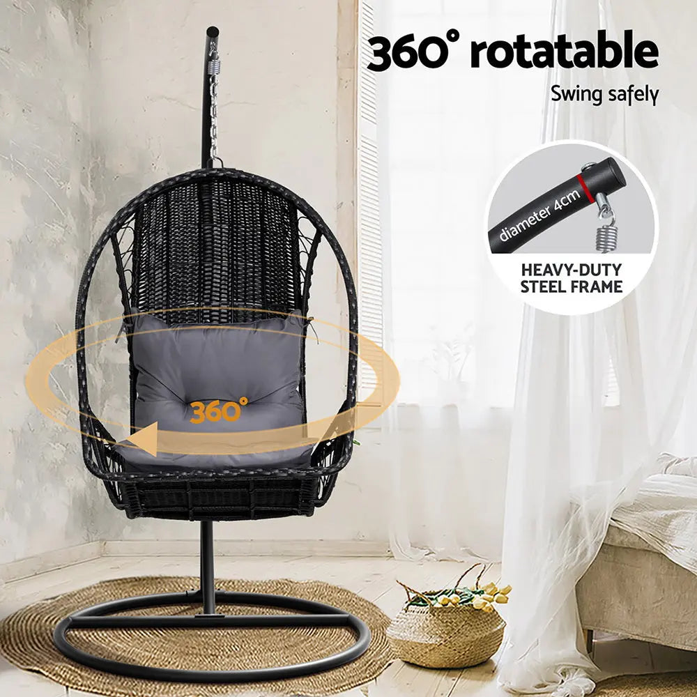 Gardeon Outdoor Egg Swing Chair Wicker Pod Stand Armrest Black