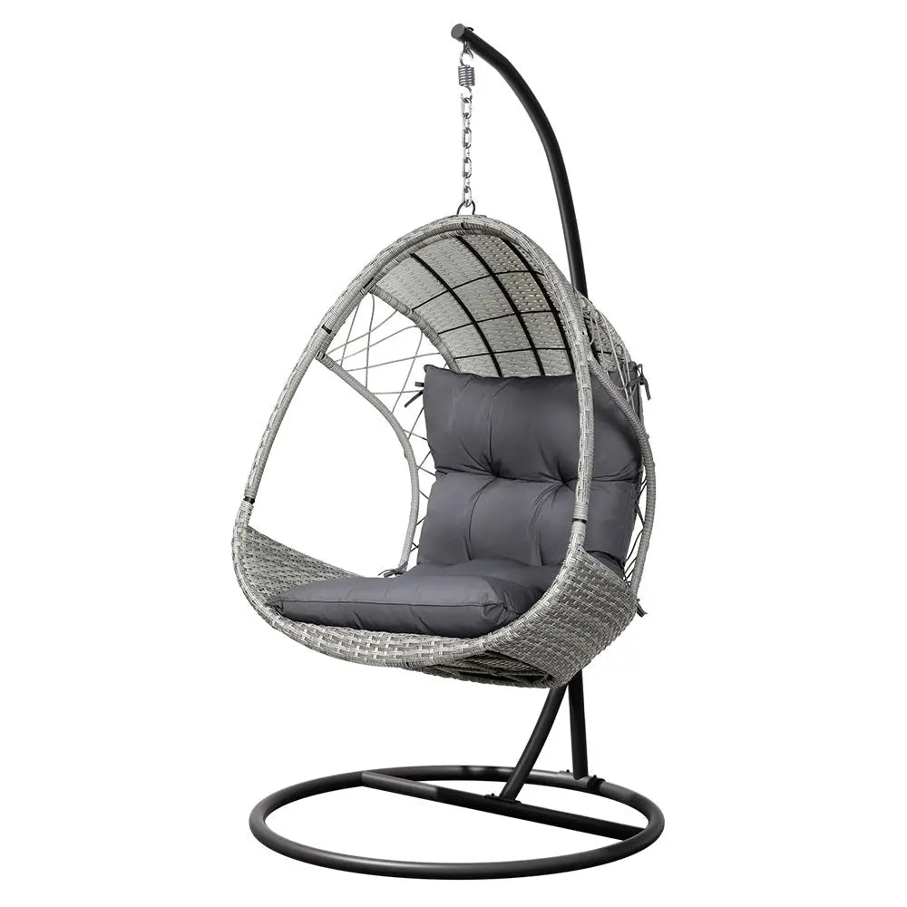 Gardeon Outdoor Egg Swing Chair Wicker Pod Stand Armrest Light Grey