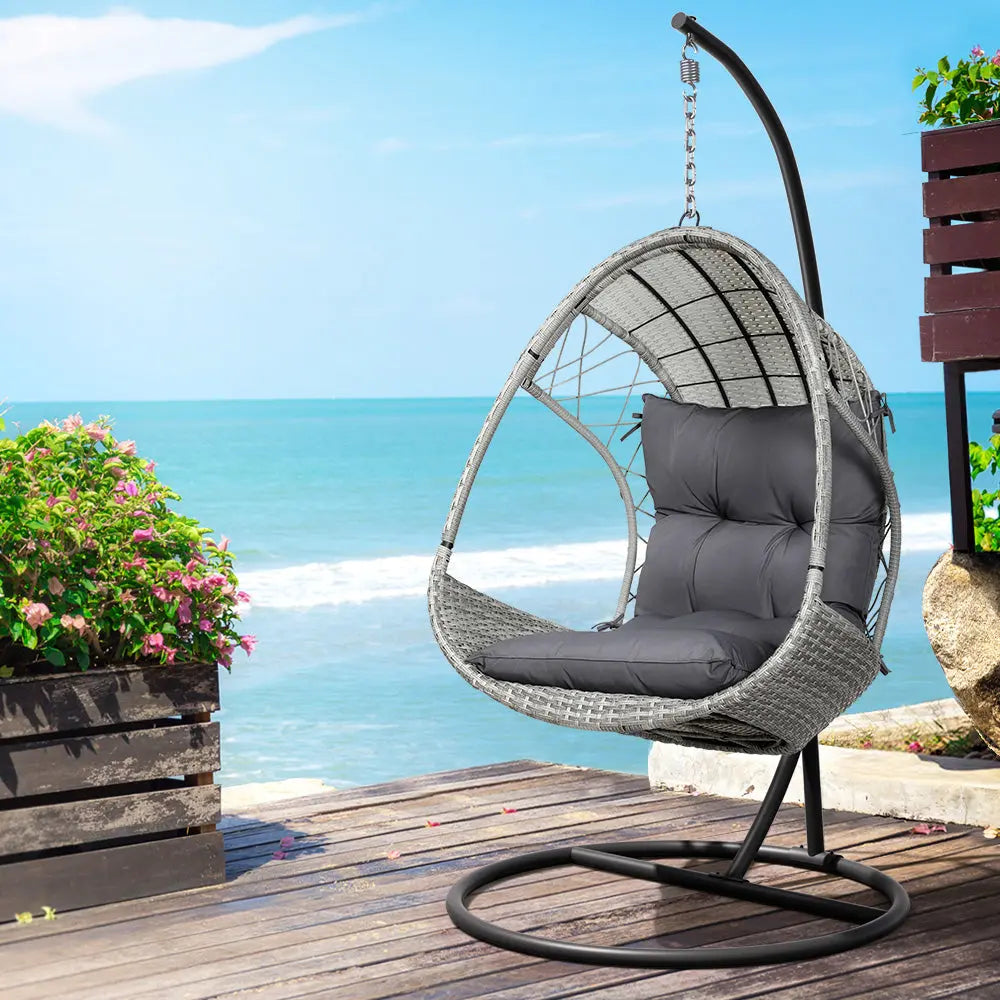 Gardeon Outdoor Egg Swing Chair Wicker Pod Stand Armrest Light Grey