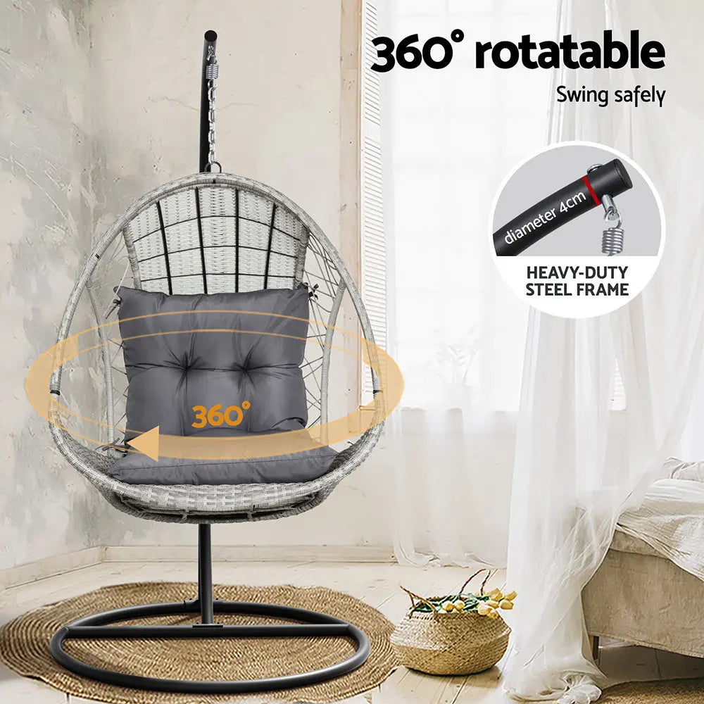 Gardeon Outdoor Egg Swing Chair Wicker Pod Stand Armrest Light Grey