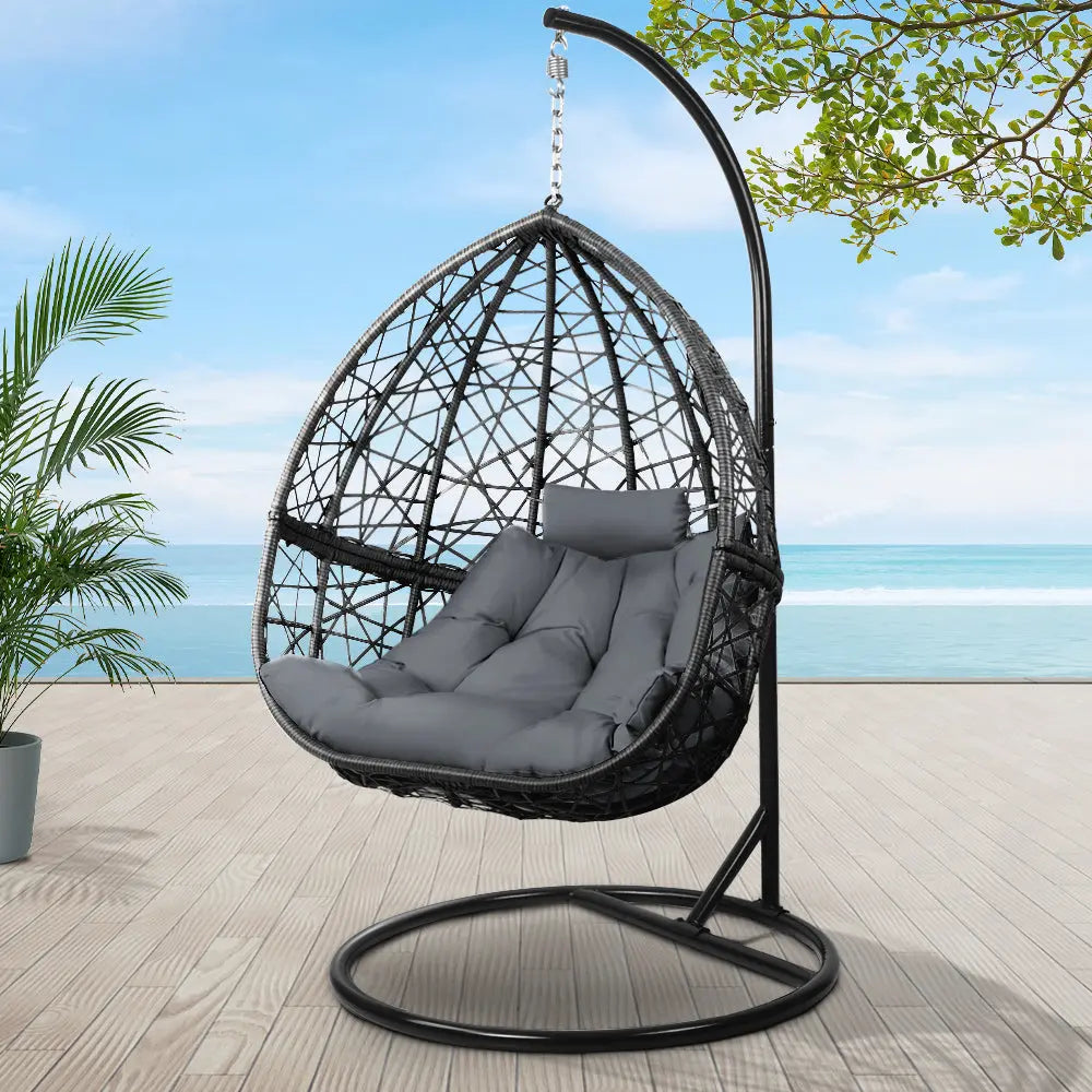 Gardeon Outdoor Egg Swing Chair Wicker Rattan Pod Stand Cushion Grey