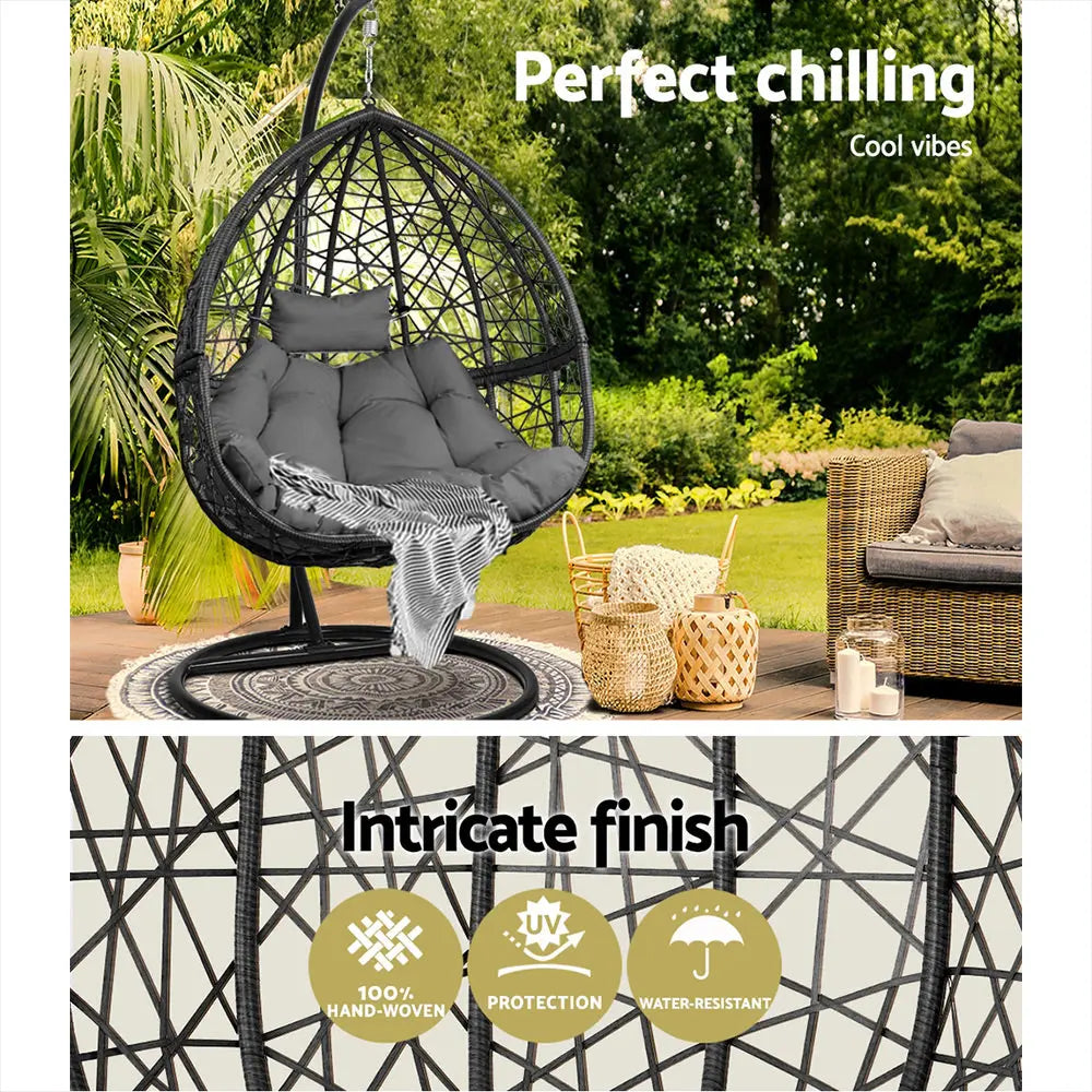 Gardeon Outdoor Egg Swing Chair Wicker Rattan Pod Stand Cushion Grey