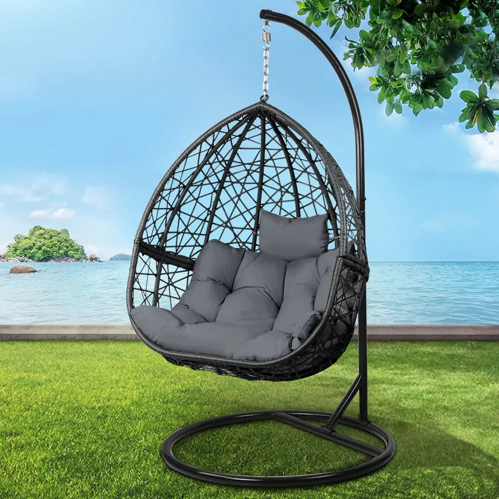 Gardeon Outdoor Egg Swing Chair Wicker Rattan Pod Stand Cushion Grey