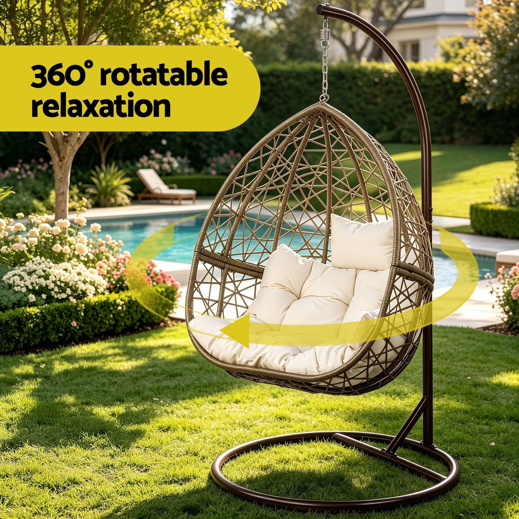 Gardeon Outdoor Egg Swing Chair Wicker Rattan Pod Stand Cushion Latte