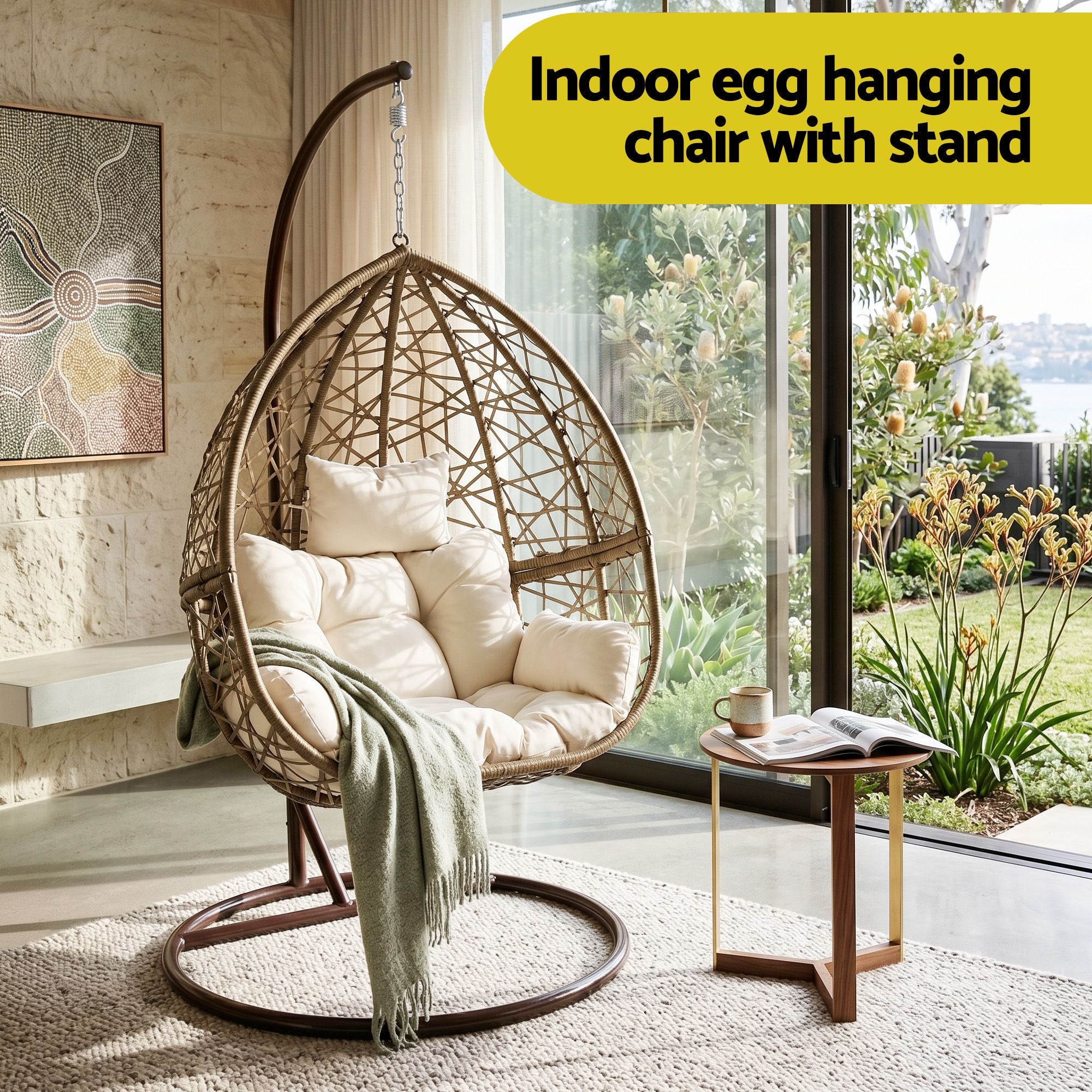 Gardeon Outdoor Egg Swing Chair Wicker Rattan Pod Stand Cushion Latte