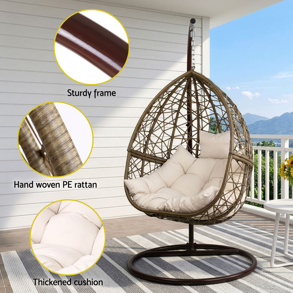 Gardeon Outdoor Egg Swing Chair Wicker Rattan Pod Stand Cushion Latte