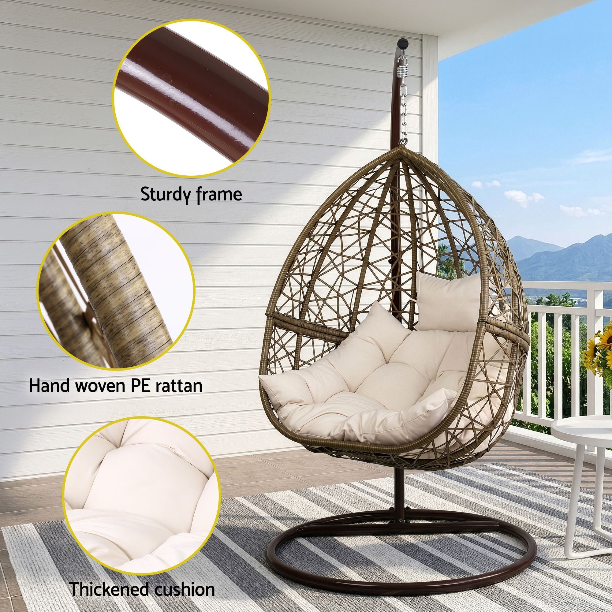 Gardeon Outdoor Egg Swing Chair Wicker Rattan Pod Stand Cushion Latte