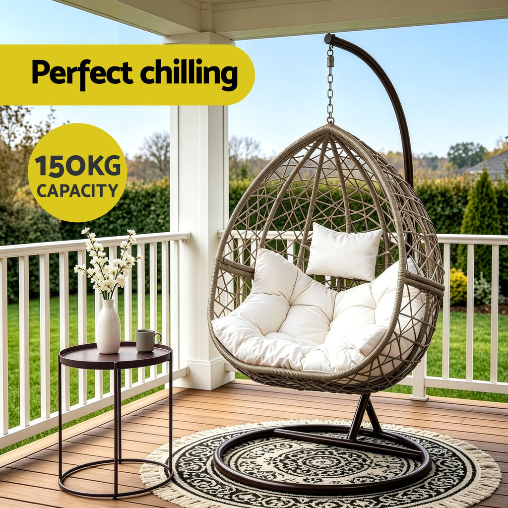 Gardeon Outdoor Egg Swing Chair Wicker Rattan Pod Stand Cushion Latte